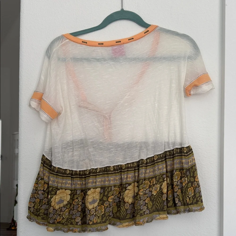 Free People Cream Scoop-Neck Blouse with Peach Trim & Olive Floral Hem - Picture 6 of 6